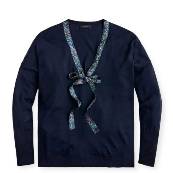 J. CREW x Abigail Borg Sweater Womens Medium Blue Merino Wool‎ Tie-Neck Academia - Picture 1 of 10